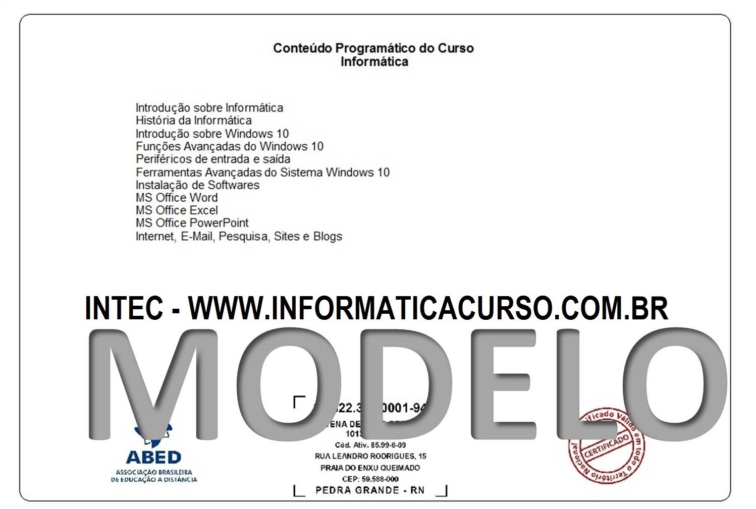 Modelo do Certificado de Conclusão Verso